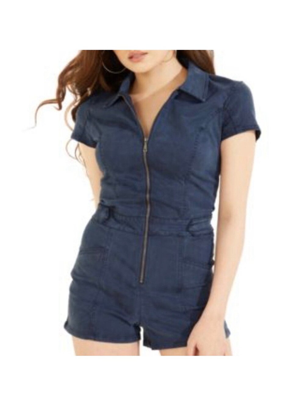 Women's Blue Denim Short Sleeve Zipper Romper